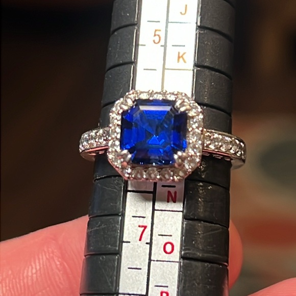 Vintage Asscher Cut blue sapphire with Halo sterling silver 925 ring - Picture 6 of 9